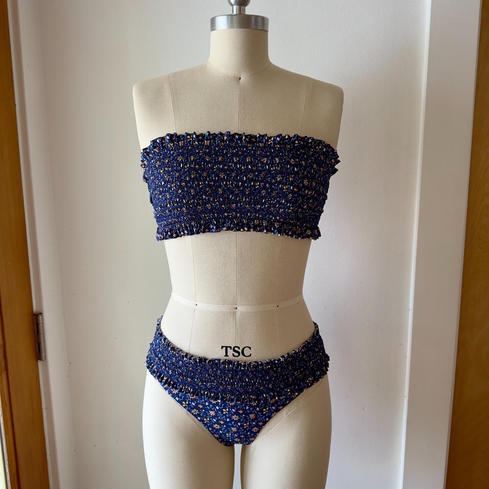Tory Burch Costa Blue Floral Smocked Bandeau Bikini Top &‎ Hipster Btm Set-Sz XS
